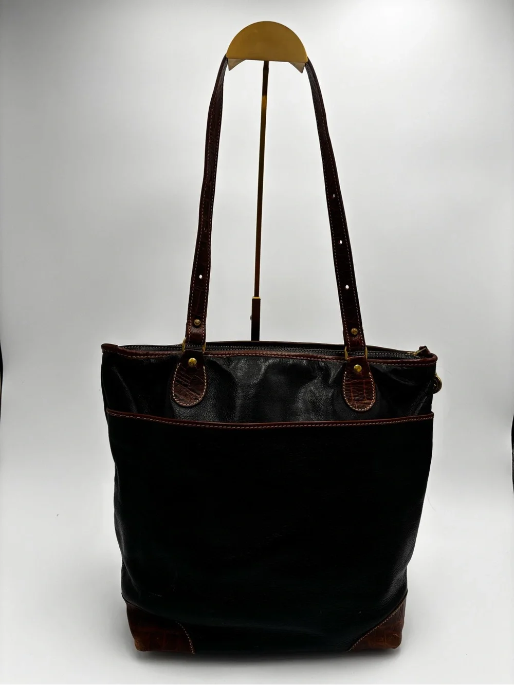 Brahmin Black Leather Croc Trim Tote Shoulder Bag